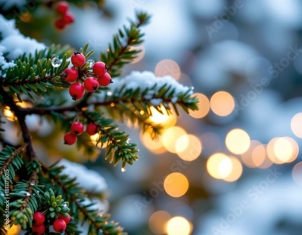 Fototapeta Dewkissed Evergreen Branch with Festive Bokeh Lights
