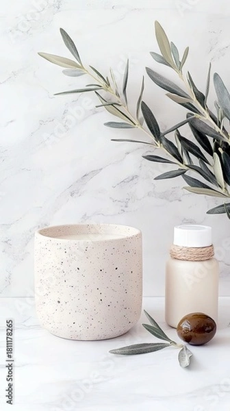 Fototapeta A serene spa and wellness scene featuring a speckled candle, a lotion bottle, an olive, and an olive branch on a white marble background.