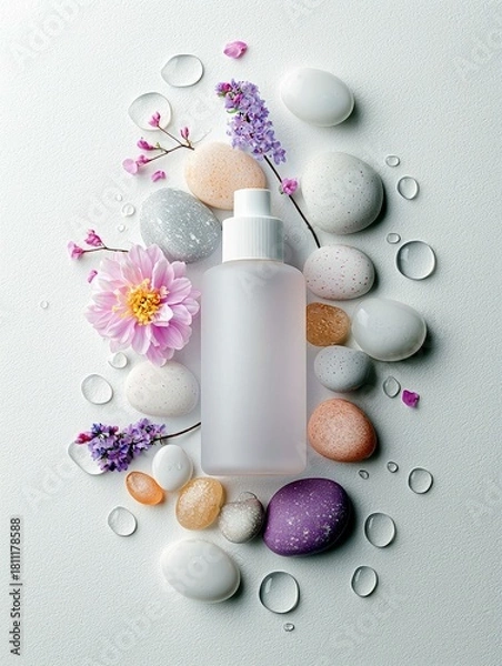 Fototapeta A frosted white bottle is surrounded by smooth stones, delicate flowers, and clear water droplets on a white surface.