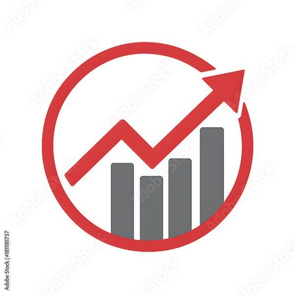 Fototapeta Red arrow graphic showing upward trend over bar chart inside a red circle