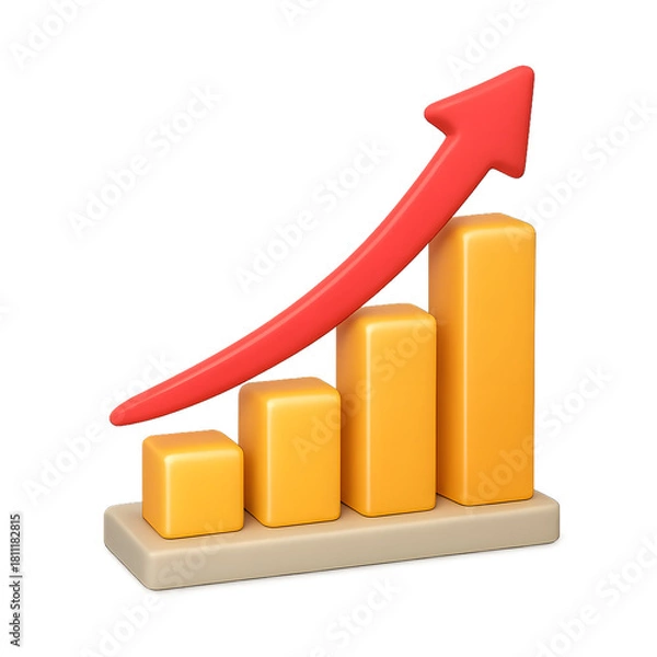 Fototapeta 3d bar chart with upward trending red arrow on black background