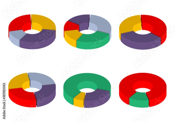 Fototapeta Isometric set of multi colored ring shaped pie diagram, asset percentage charts. Isolated cartoon vector set on white background top view
