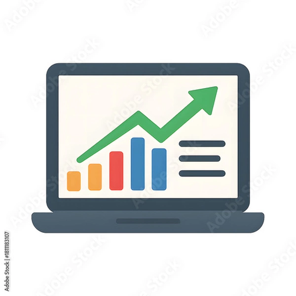 Fototapeta Laptop displaying a growing financial graph with bar chart and upward arrow