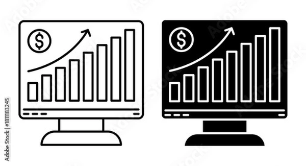 Fototapeta Linear icon. Stock trader monitor with a growing money market chart. Simple vector isolated on white background