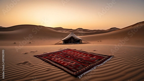 Fototapeta A single, beautiful red rug lies on the vast sand dunes of a desert at sunset, creating a surreal and minimalist scene.
