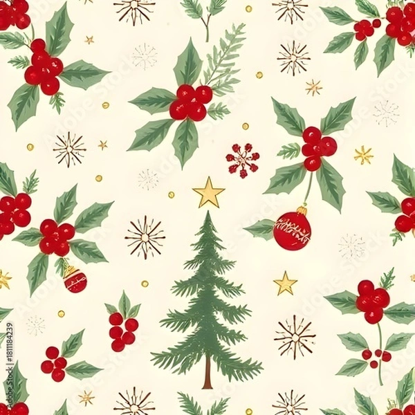 Obraz 베이지 배경 위 크리스마스 장식과 트리 일러스트레이션 패턴Christmas decorations and tree illustration patterns on beige background