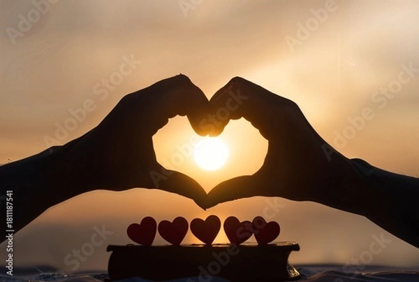 Fototapeta silhouette of a man in the mountains in valentine day