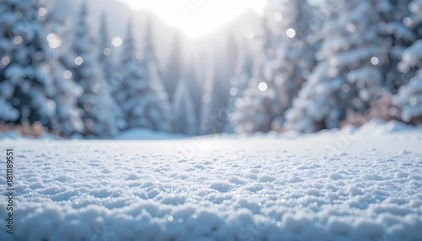 Fototapeta Snow on bokeh background of glowing bright landscape.