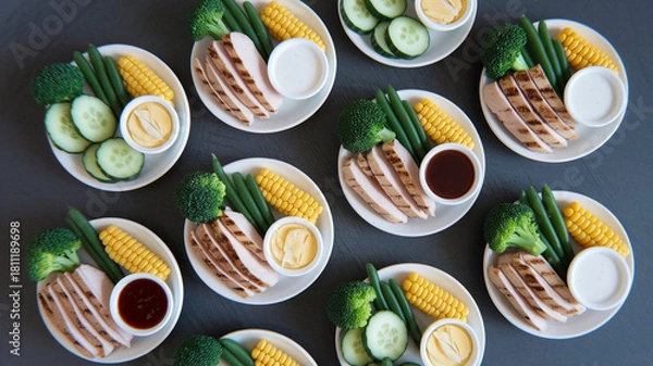 Fototapeta Overhead View of Multiple Healthy Meal Prep Plates with Grilled Chicken, Hard-Boiled Eggs, Corn, Green Beans, Broccoli, and Fresh Cucumber Salad