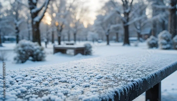 Fototapeta A serene winter landscape with close up a frost-covered table, on blurred background of a snow-covered park