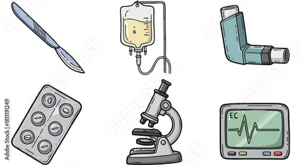Fototapeta A diverse collection of hand-drawn medical and scientific equipment illustrations for healthcare concepts