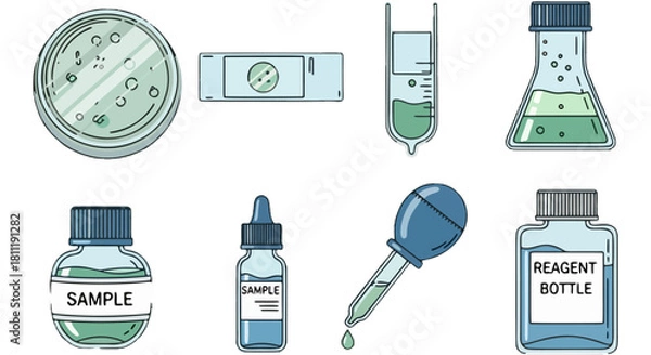Fototapeta Laboratory Equipment Vector Illustration Flasks, Bottles, Pipettes and Microscope Slide