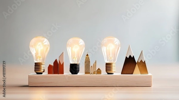 Obraz ESG Financial Forecast Insights, A modern lamp design featuring three light bulbs with decorative mountain and cityscape elements.