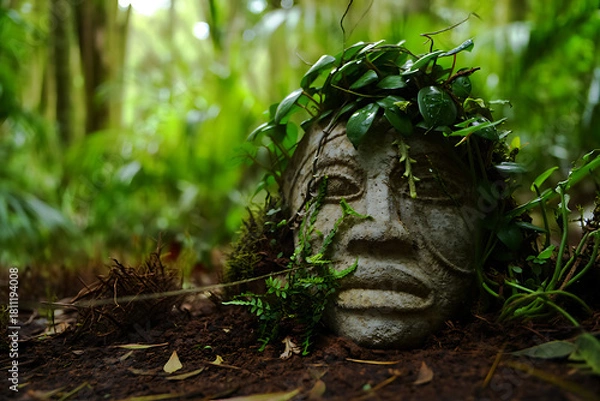 Fototapeta An ancient, weathered stone face covered in moss, hidden deep within a lush green forest.