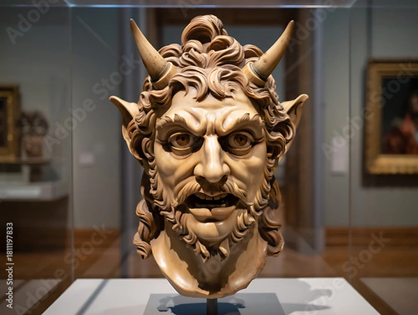 Fototapeta An ornate, gilded bronze bust of a satyr or demon with horns, displayed in a museum.