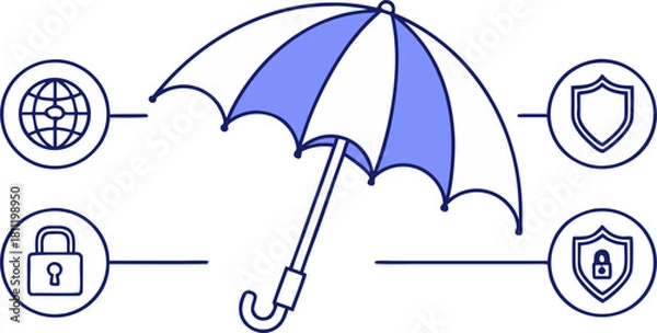 Fototapeta Flat vector illustration showing umbrella protecting laptop with lock and warning shield, symbolizing cybercrime risks, data breach alerts and online security for tech banners, apps and infographics.
