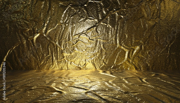 Obraz Gold foil background with shiny metallic texture and glitter pattern - glossy golden glass surface with reflective wrinkled effects. Luxury abstract gradient backdrop for celebration premium design
