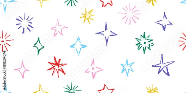 Fototapeta Colorful playful hand drawn sparkling stars seamless pattern, twinkle crayon elements, starbursts with bold texture. Naive shine print vector illustration isolated on transparent backgroud