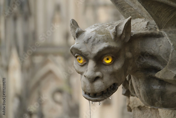 Fototapeta A close-up of a stone gargoyle statue with glowing yellow eyes, giving it a menacing and supernatural look.