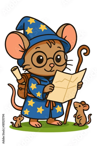 Fototapeta Wizard Mouse Character Studying Map with Magic Staff and Cloak in a Charming Fantasy Adventure Theme
