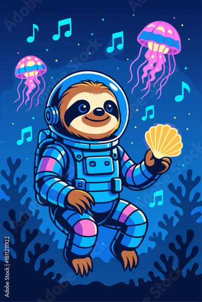 Fototapeta Adorable Sloth Astronaut in Colorful Space Suit Surrounded by Floating Jellyfish in a Whimsical Cosmic Scene