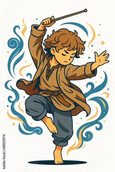 Fototapeta Dynamic Boy Character in Motion with Flowing Outfit and Expressive Energetic Pose in Warm Color Palette