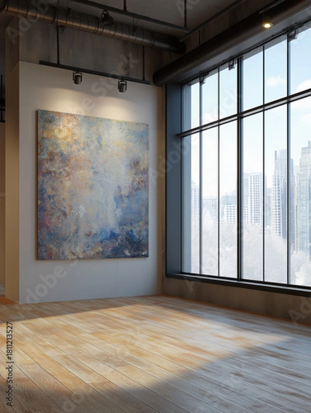 Obraz Industrial loft gallery with exposed concrete ceiling, large abstract artwork, steel-frame windows, and warm natural light