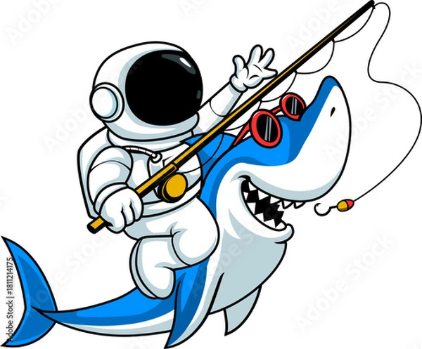 Obraz Funny Astronaut Fishing With Happy Shark