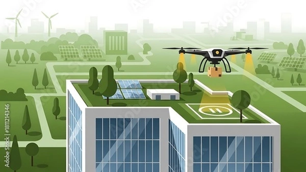 Fototapeta Drone Delivering Package to Green Building with Solar Panels.