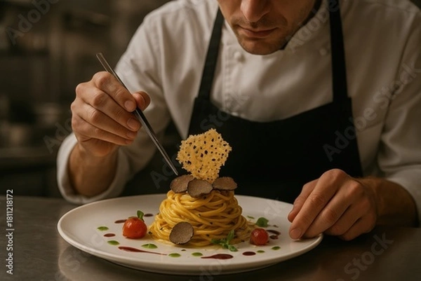Fototapeta Professional chef plating an elegant pasta dish in a fine dining kitchen, carefully placing a parmesan tuile over tagliolini with truffle slices, basil oil, and beet reduction