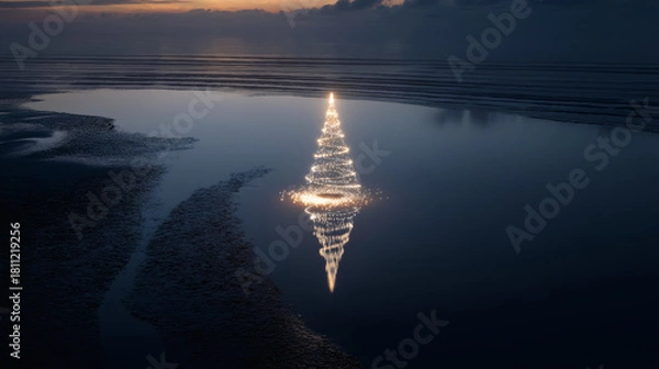 Fototapeta Surreal Glowing Christmas Tree Reflected on Calm Water at Dusk