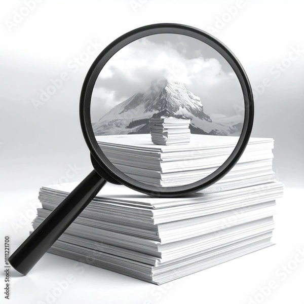 Fototapeta Mountain view through magnifier on paper stacks