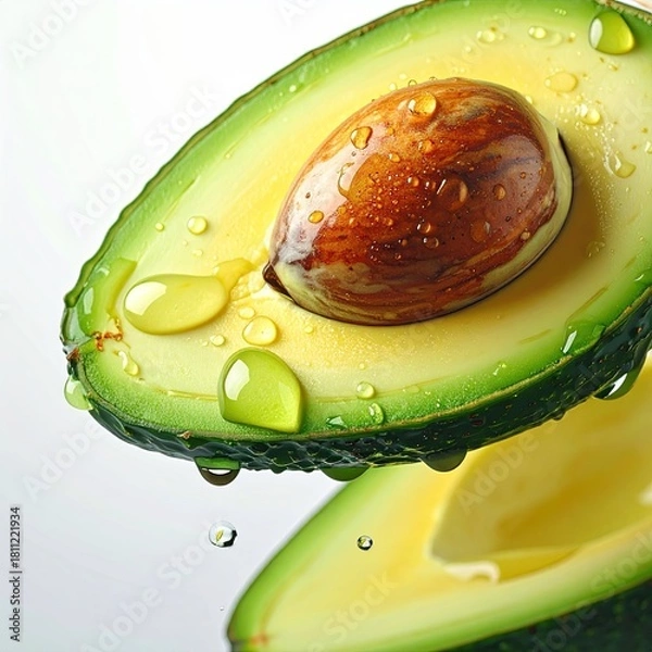 Fototapeta Sliced avocado, pit visible, glistening with water drops