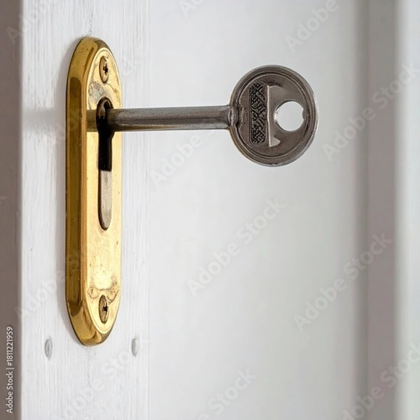 Obraz Key inserted into golden lock on white panel