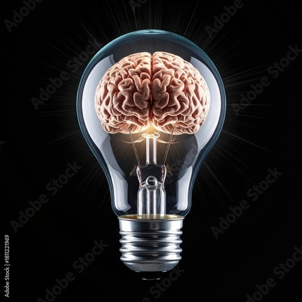 Fototapeta Brain inside bulb, bright idea concept on black background