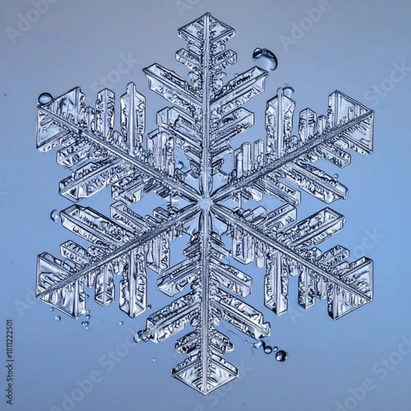 Fototapeta Detailed, symmetrical snowflake against a blue gradient