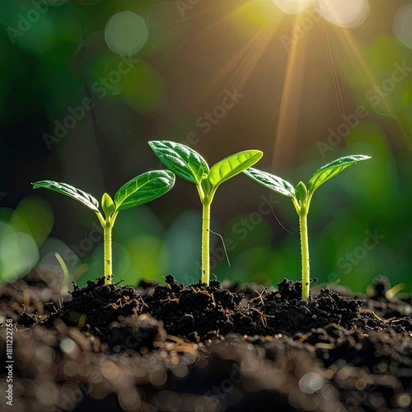 Fototapeta Sprouts emerge from soil in sunlight