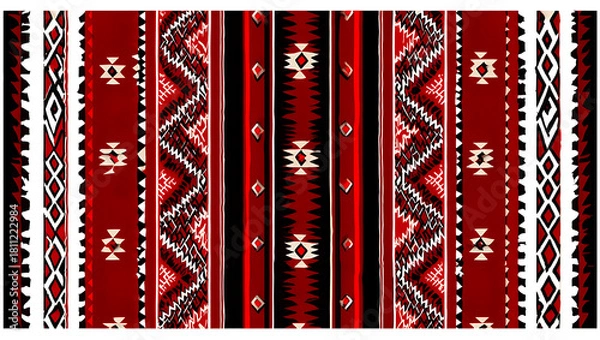 Fototapeta A traditional red sadu woven rug with intricate geometric patterns in white and black.