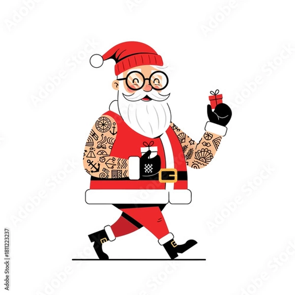 Fototapeta Illustrative santa claus with retro style carrying a gift during christmas celebration