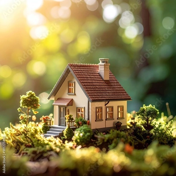 Fototapeta Tiny house nestled amongst moss under a sunny forest canopy