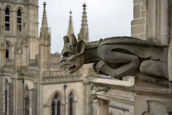 Fototapeta A low-angle shot of a gargoyle perched high on the intricate gothic architecture of a cathedral.