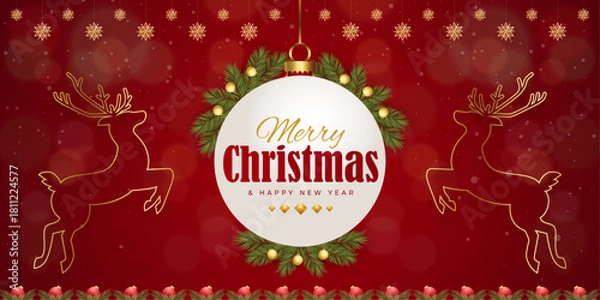 Obraz Christmas and New Year greeting cards with xmas decoration. Winter Holiday Posters or banners design in modern realistic style with fir branches, gift boxes, christmas tree toys deer and stars	
