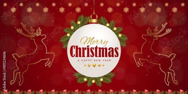 Obraz Christmas and New Year greeting cards with xmas decoration. Winter Holiday Posters or banners design in modern realistic style with fir branches, gift boxes, christmas tree toys deer and stars	
