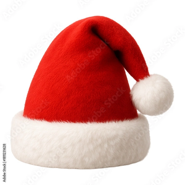 Fototapeta Santa Claus Hat- Plush red holiday cap with white fur trim on transparent background PNG