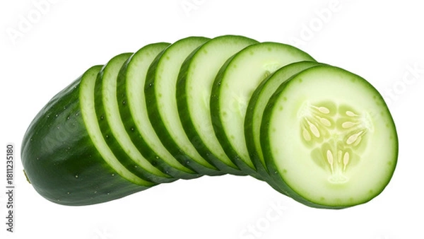 Obraz Fresh green vegetable sliced into multiple uniform rounds against a dark background