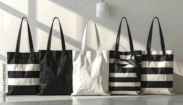 Fototapeta Five tote bags, various colors and patterns, standing against a neutral wall. Sunlight casts shadows