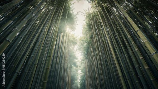 Fototapeta Lush Green Bamboo Forest with Sunlight Streaming Through Canopy