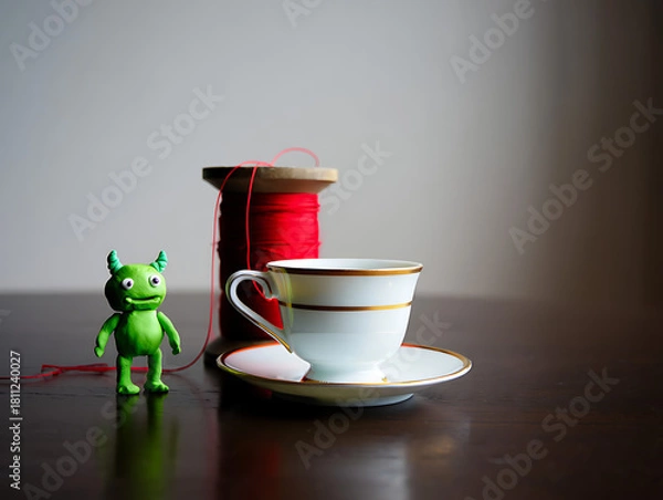 Fototapeta A whimsical still life of a tiny green monster figurine next to a teacup and a spool of red thread.