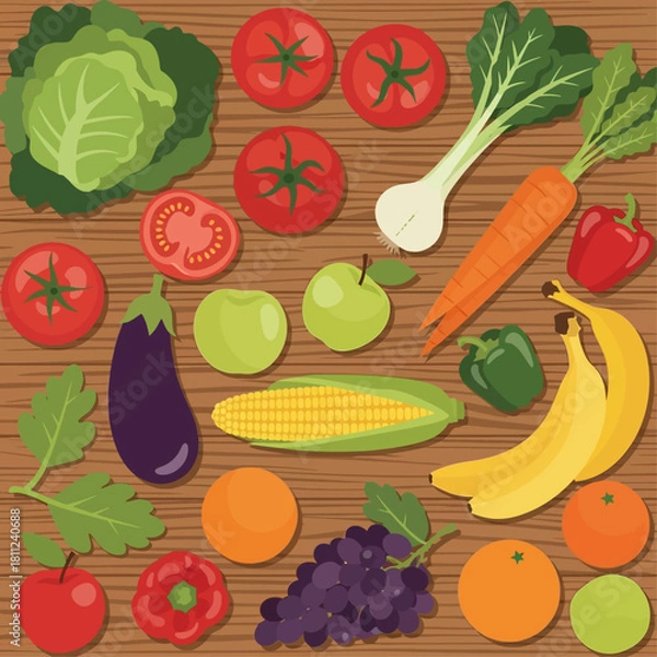 Fototapeta A vibrant overhead view of a diverse assortment of fresh fruits and vegetables on a rustic wooden background.
