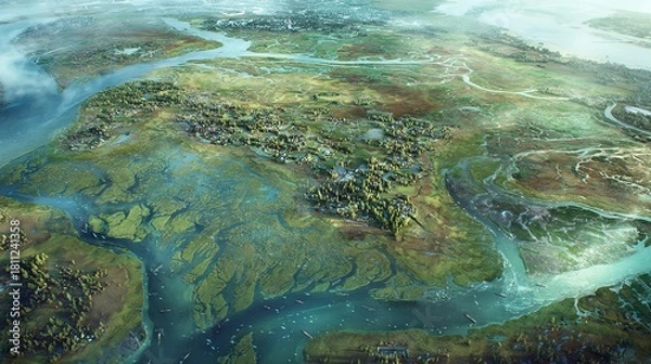 Fototapeta River delta with winding waterways, lush vegetation and scattered settlements, aerial view